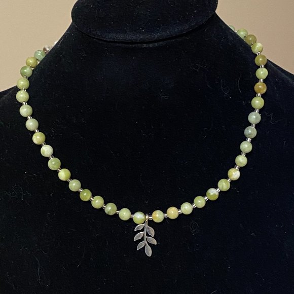 Serpentine Stone Silver Leaf Branch Necklace, Genuine Gemstone Beaded Necklace - Picture 3 of 9